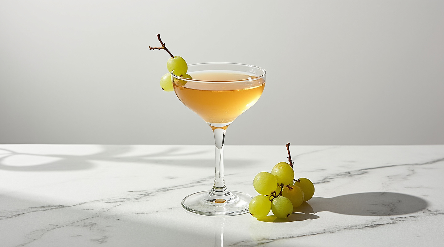 A clear Nick & Nora glass filled with a translucent cocktail.