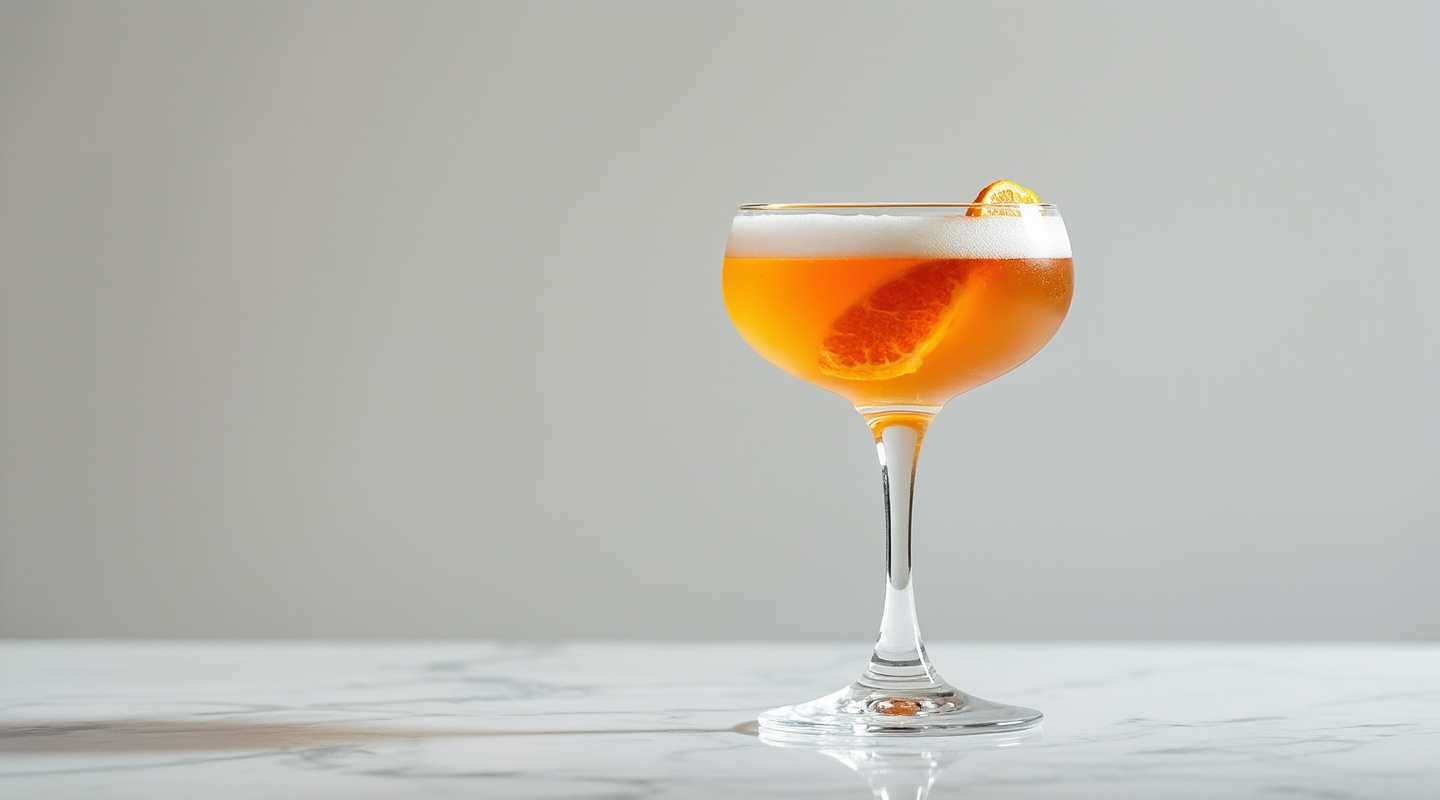 Straight Up In Compton cocktail in a coupe glass garnished with an orange zest twist