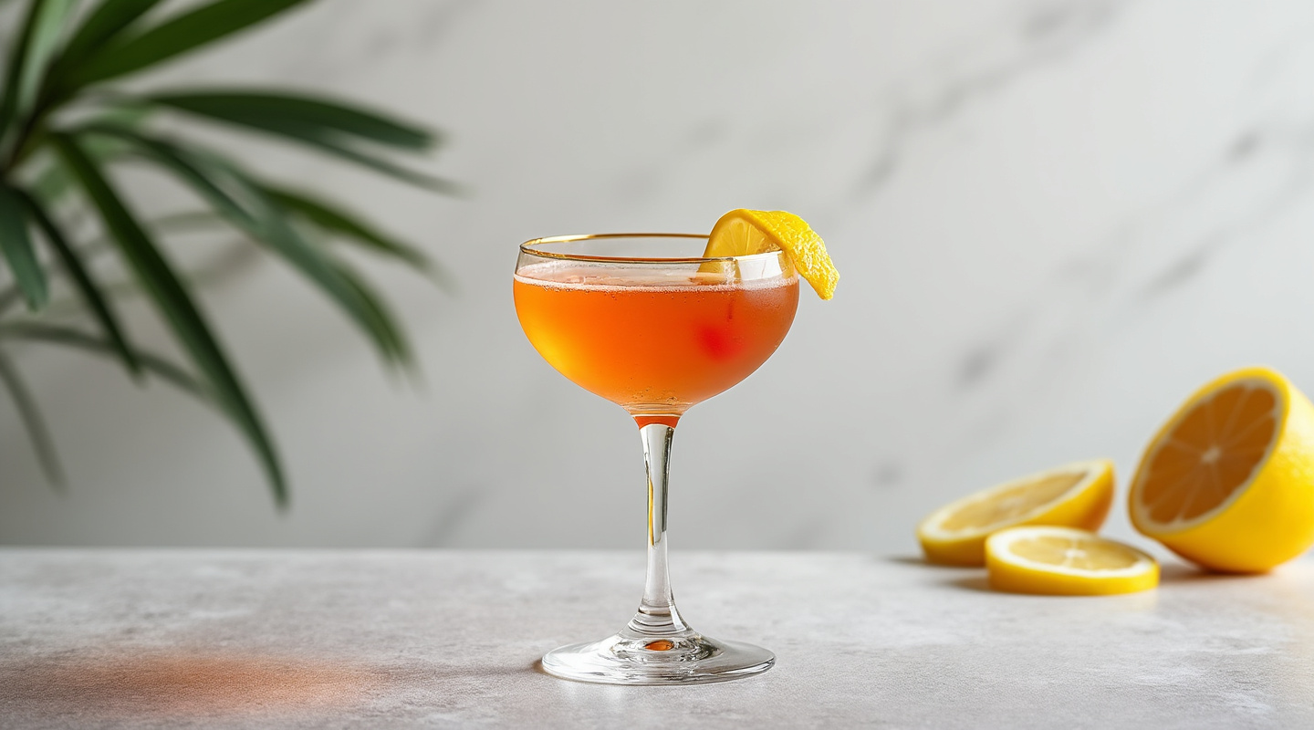 Outlaw cocktail in a chilled coupe glass with lemon zest twist garnish