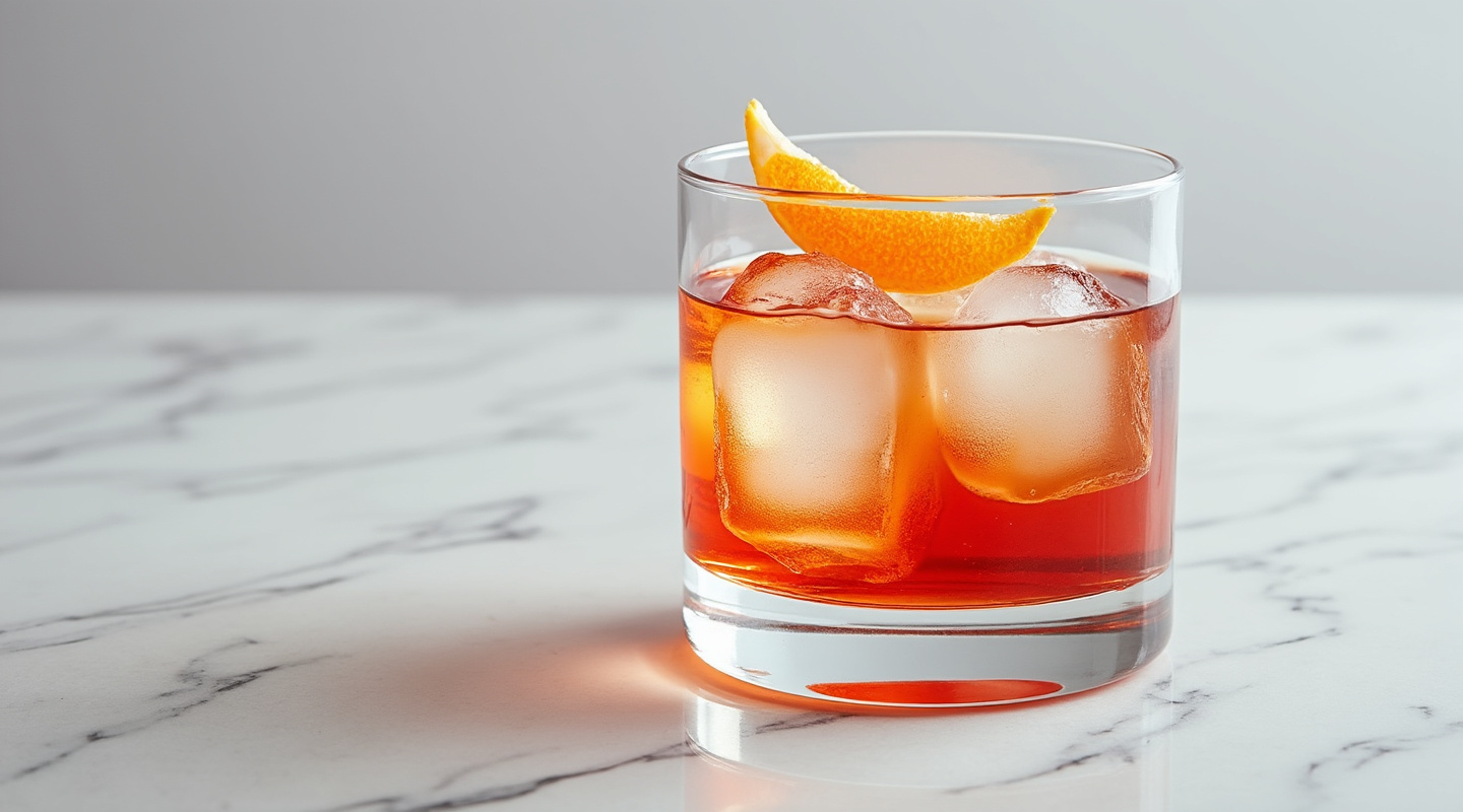 Tunnel Negroni in an Old-Fashioned glass with citrus garnish