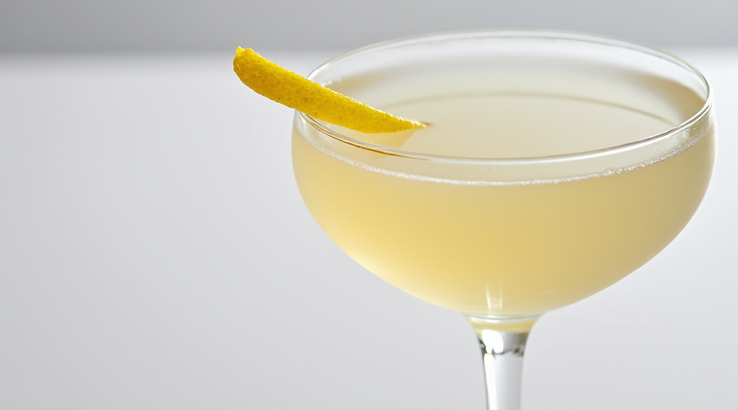 A chilled Topgallant cocktail in a coupe glass with lemon zest garnish