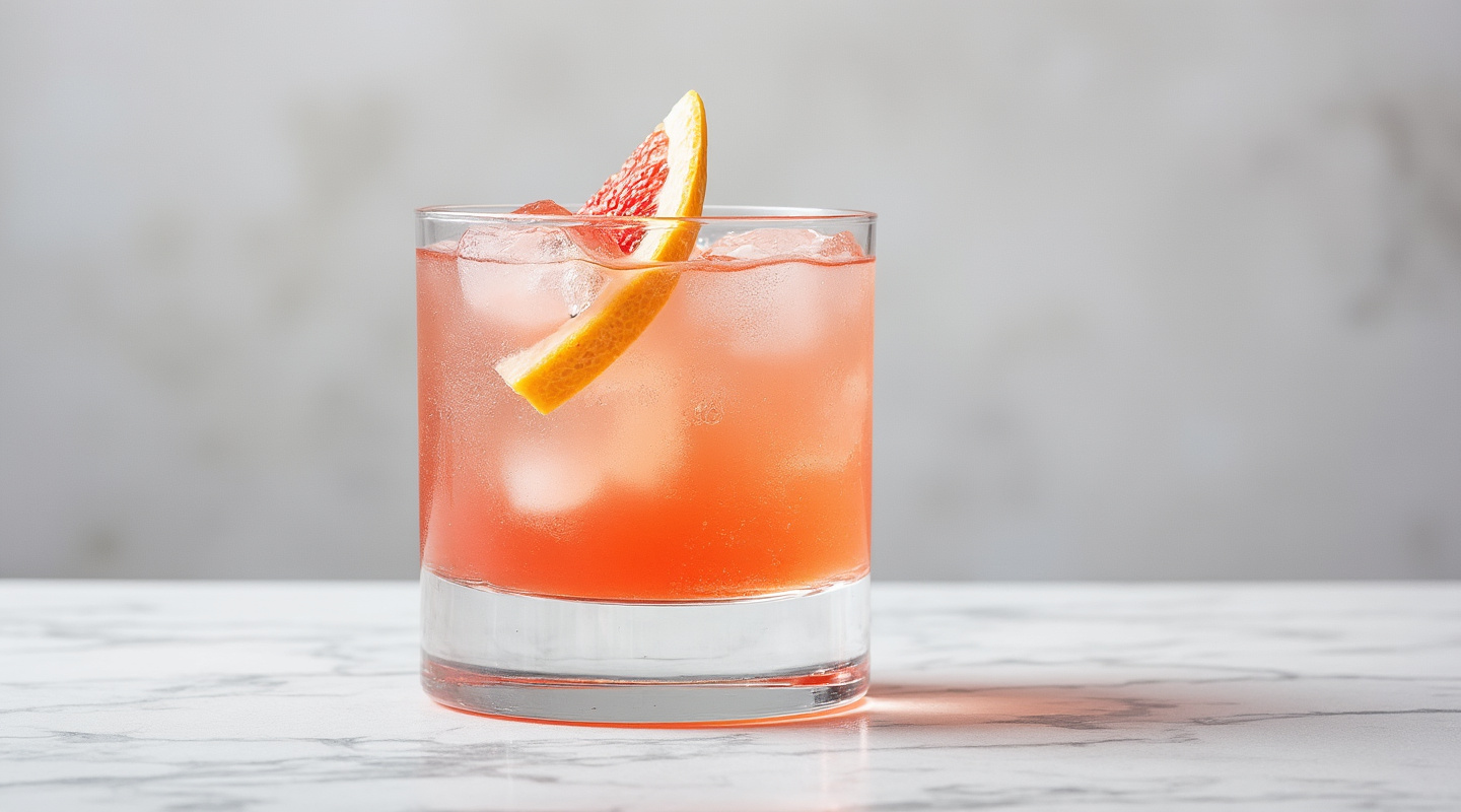 A chilled cocktail served in an Old-Fashioned glass with a twist of grapefruit zest