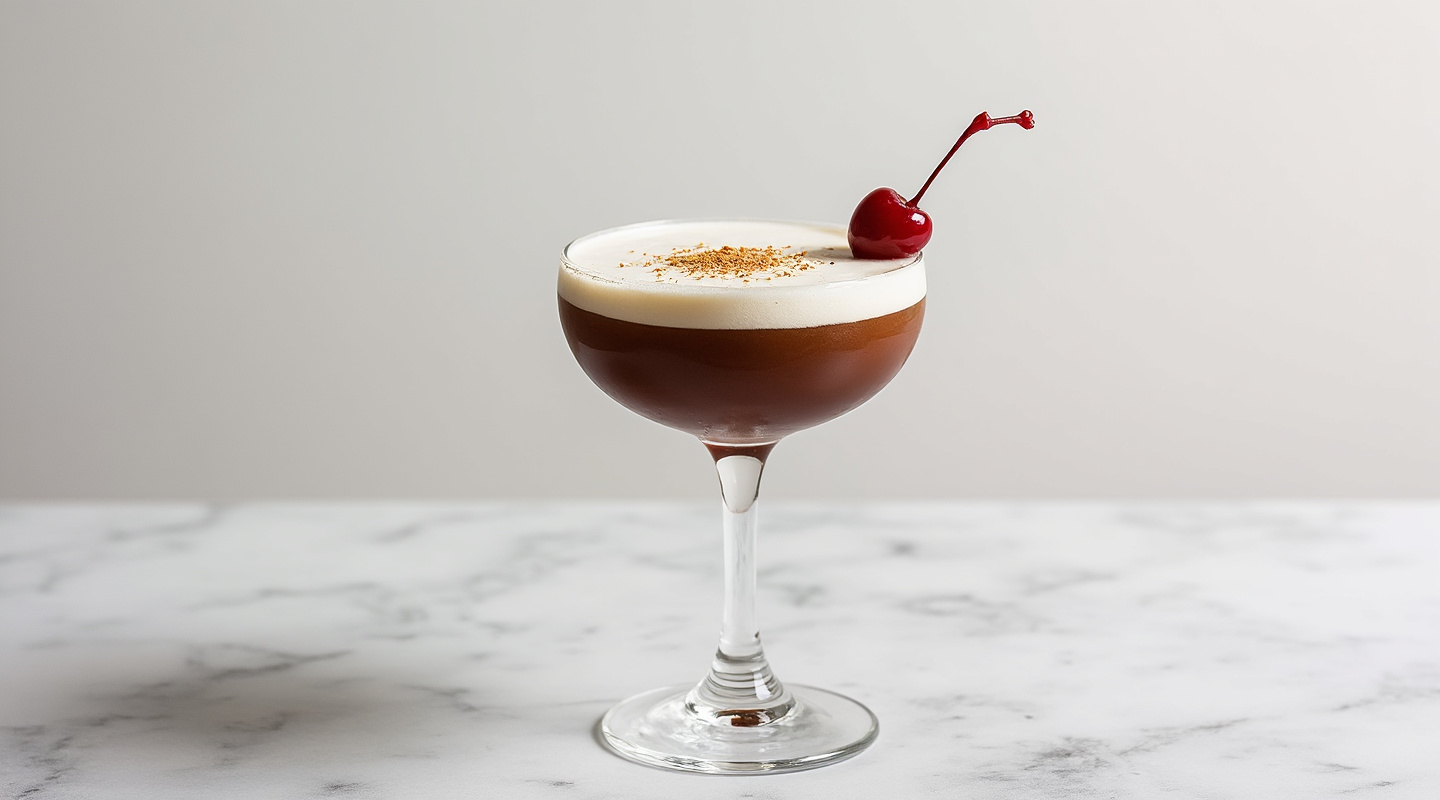 A creamy dessert cocktail served in a Coupe glass, garnished with a Maraschino Cherry and dusted with nutmeg.