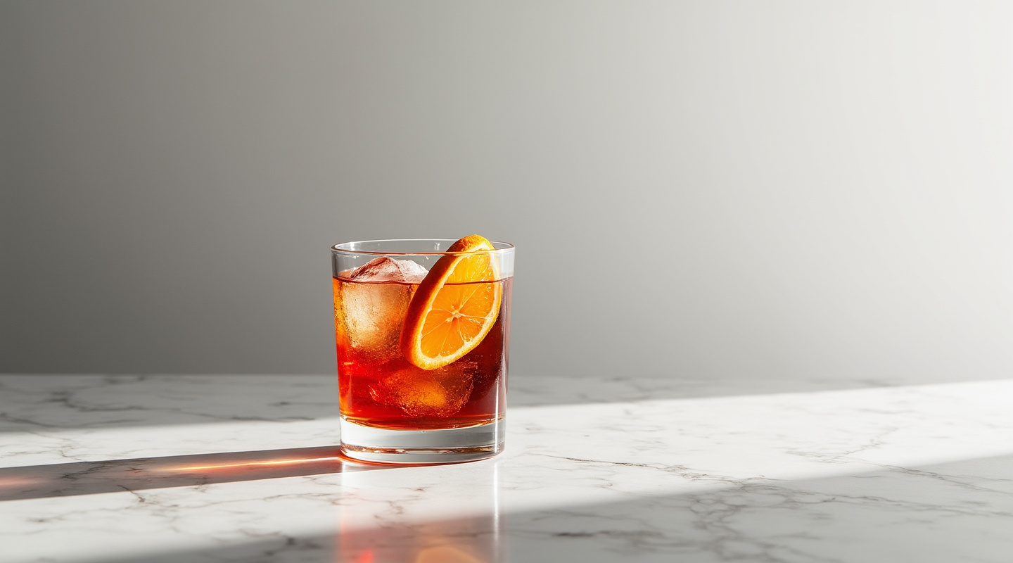 Christmas Negroni in an Old-Fashioned glass with an orange slice wheel garnish