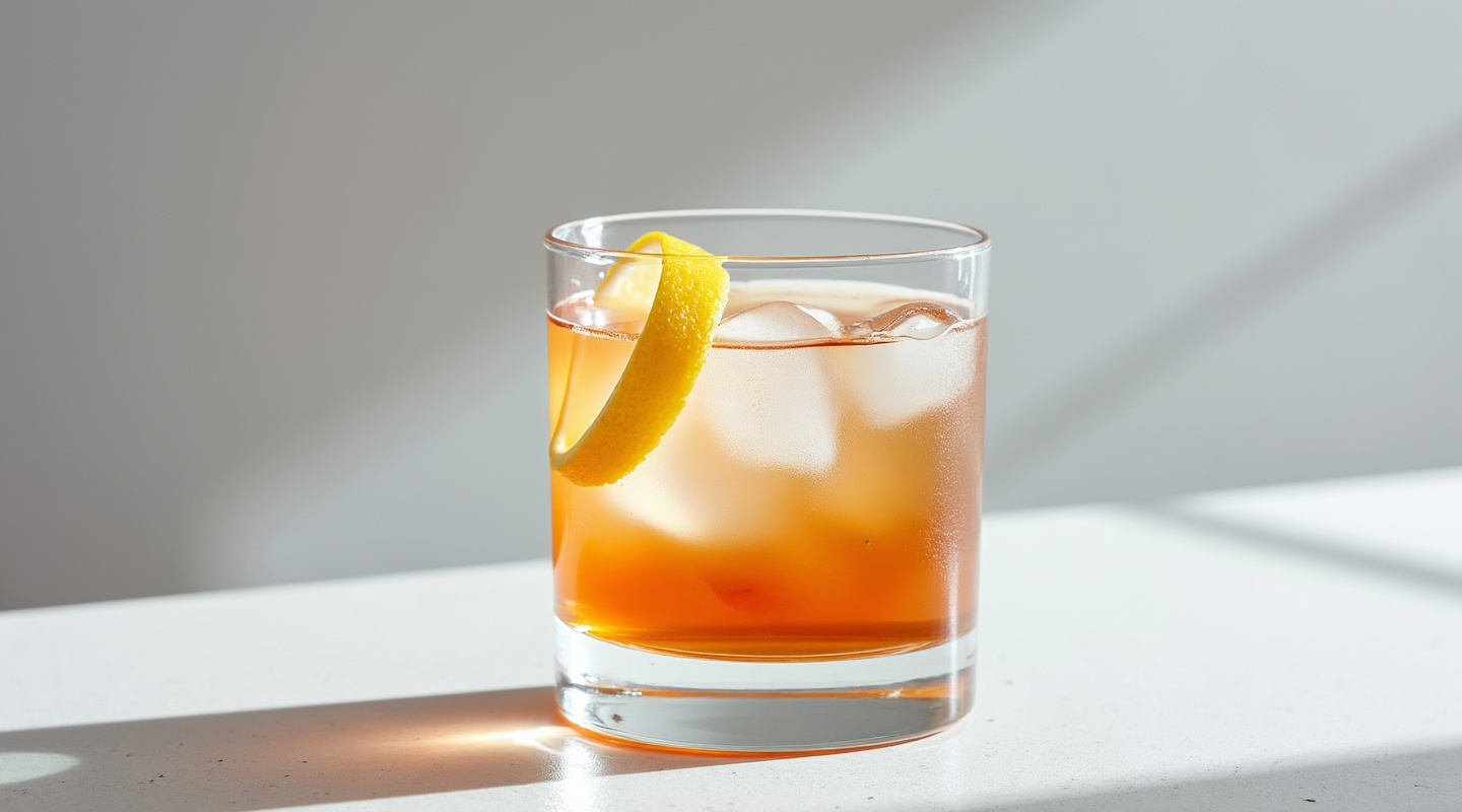 Death & Taxes cocktail served in a Nick & Nora glass with a lemon zest garnish
