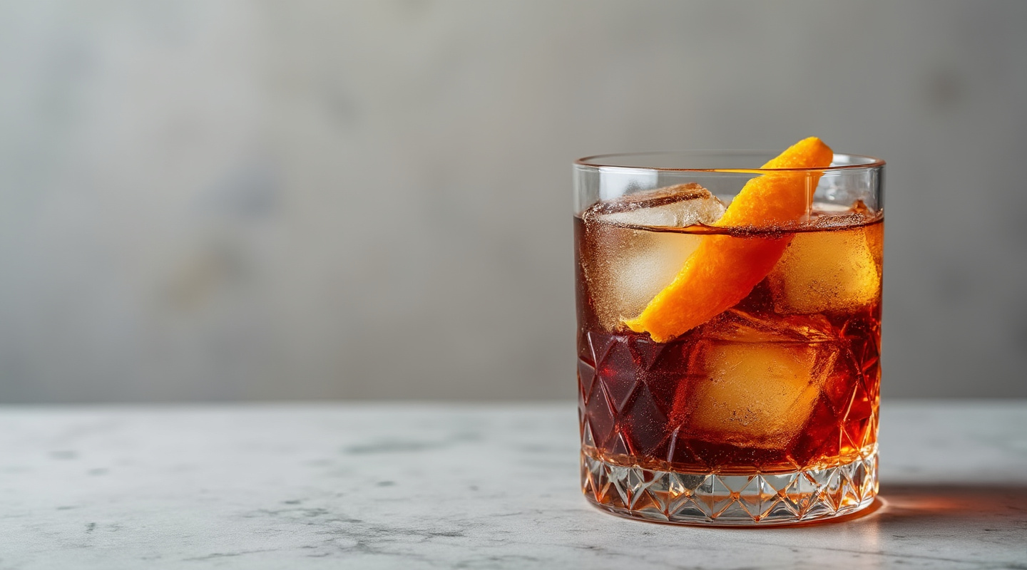 Cold Brew Negroni in an Old-Fashioned glass with an orange zest twist garnish