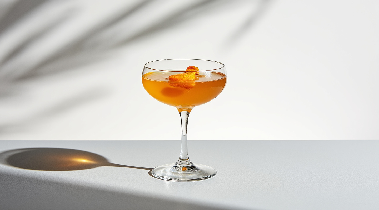 A vibrant La Viña cocktail served in a coupe glass and garnished with an orange zest twist.