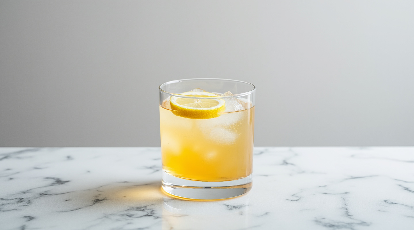 A Rusty Sour cocktail in a glass, garnished with a lemon slice wheel.