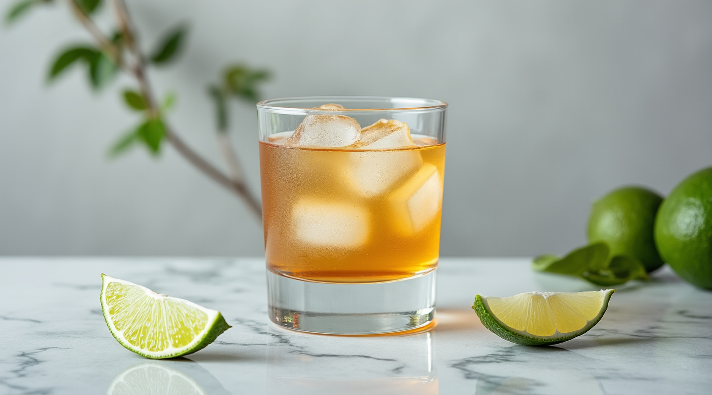 Great Silence cocktail served in an Old-fashioned glass with a lime twist garnish