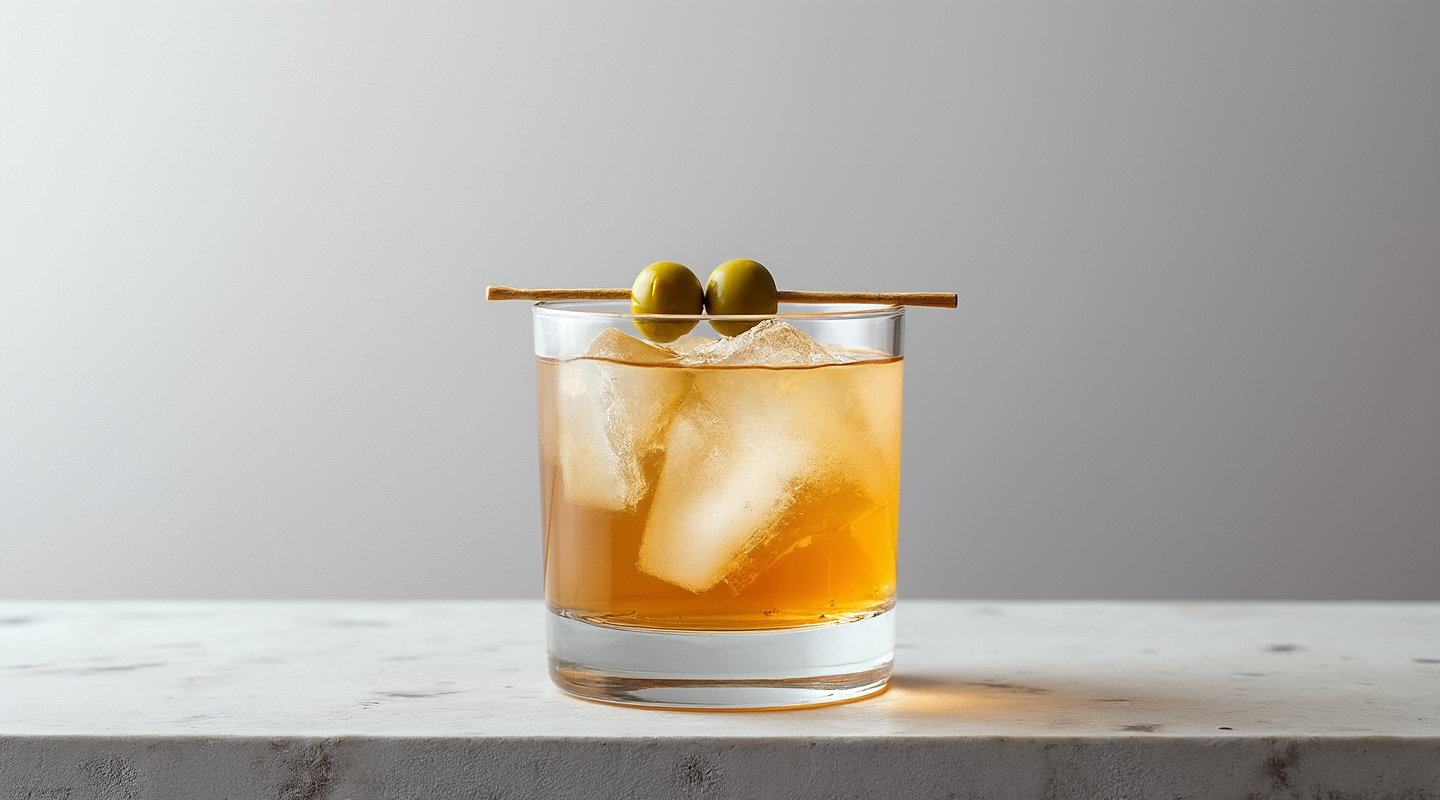 Señor Santoni cocktail in an Old-fashioned glass garnished with skewered olives