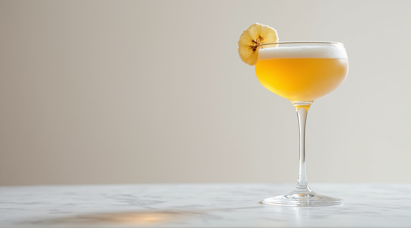 A beautifully presented Banana Rumhattan cocktail in a coupe glass.