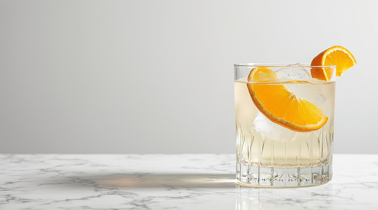 A glass of Mellow White Negroni with an orange slice garnish