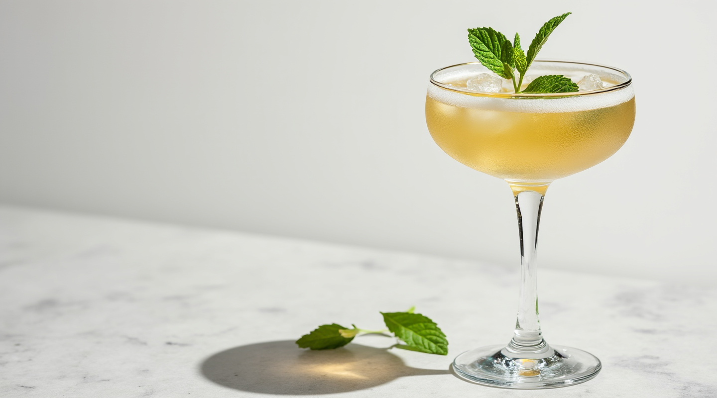 French 1605 cocktail served in a flute glass garnished with mint
