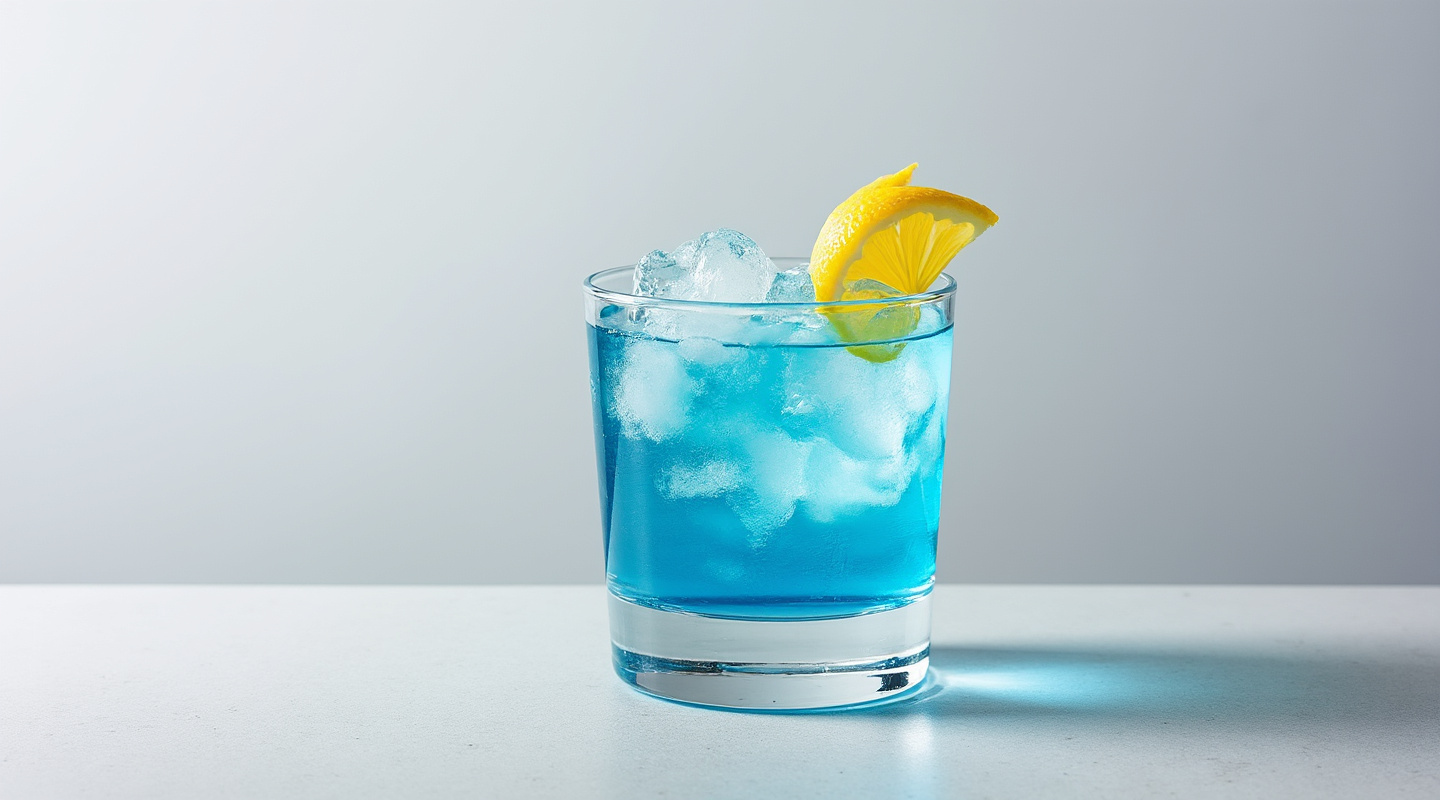 Blue Paradise cocktail in a coupe glass garnished with lemon zest