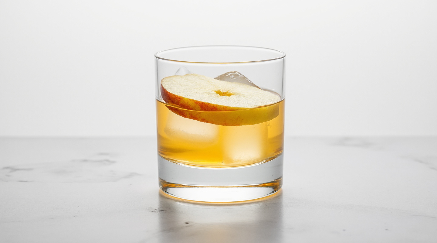 A sophisticated cocktail served in a coupe glass, garnished with a circular apple slice.