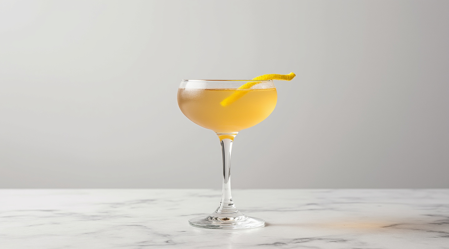 A coupe glass filled with a Maximilian Affair cocktail, garnished with a twist of lemon zest.