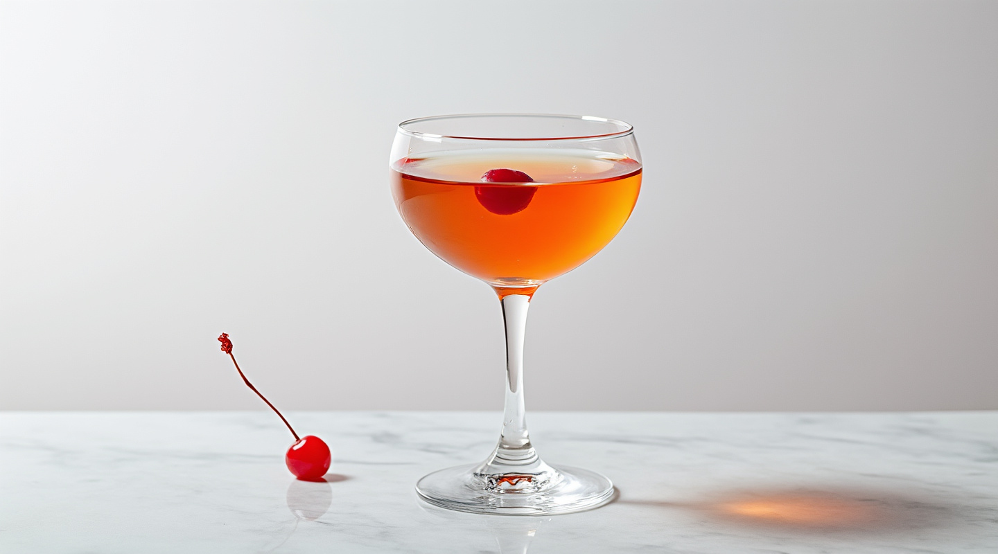 Cherry Bakewell cocktail served in a Coupe glass, garnished with a maraschino cherry