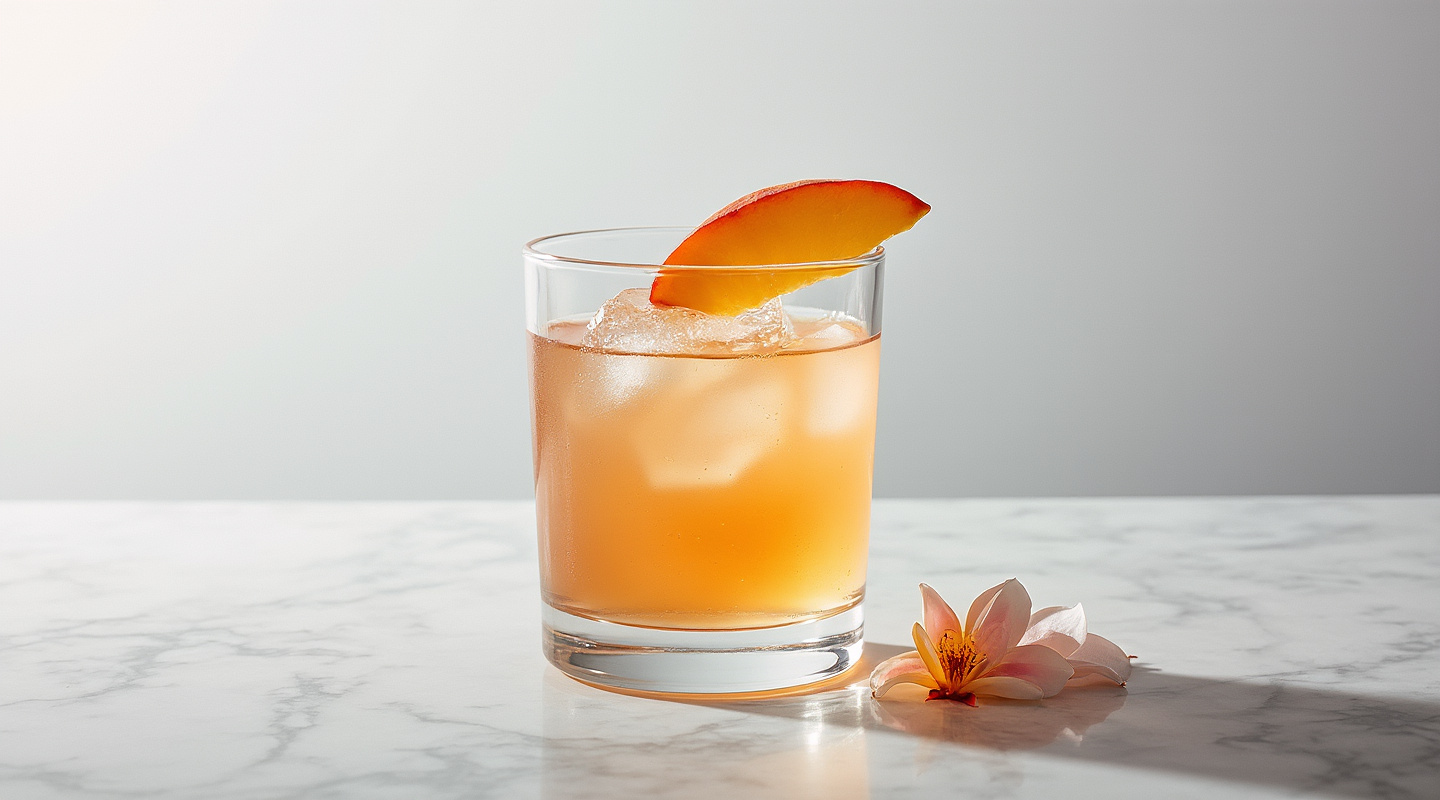 Peachy Peat cocktail in a Collins glass