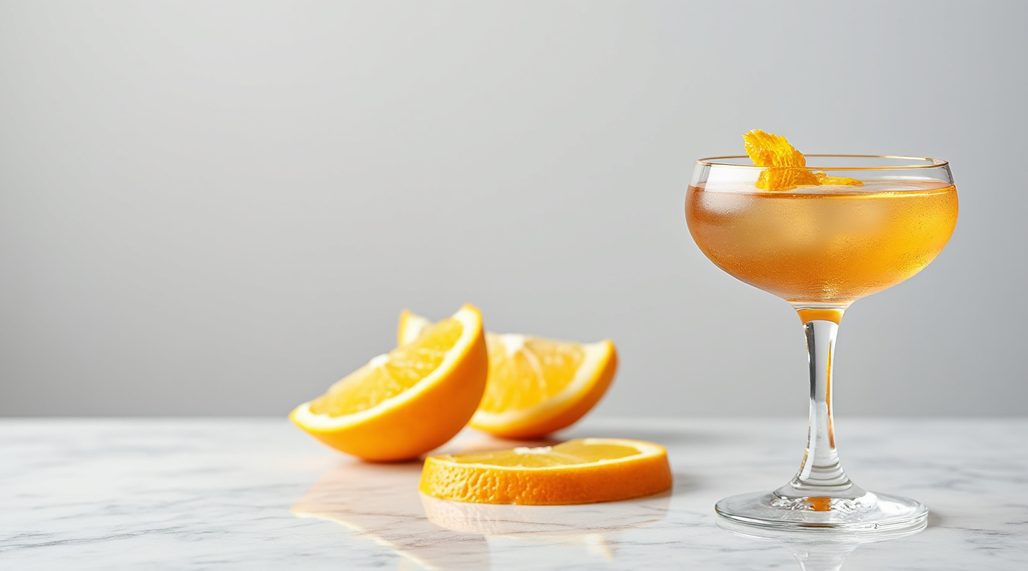 Three Poems cocktail in a coupe glass with an orange zest twist garnish.