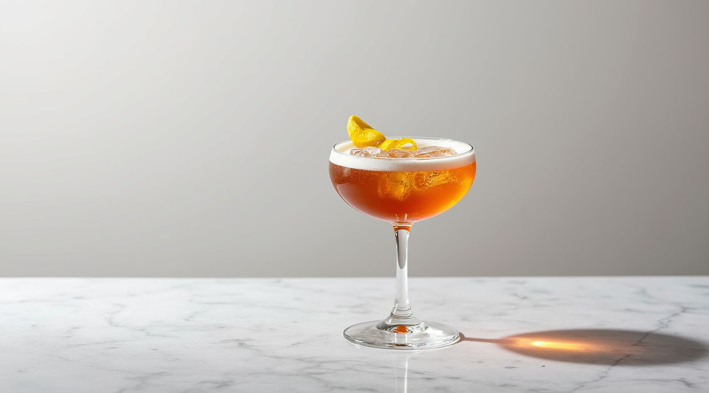 A nicely presented Atonement cocktail in a glass with a lemon zest twist garnish