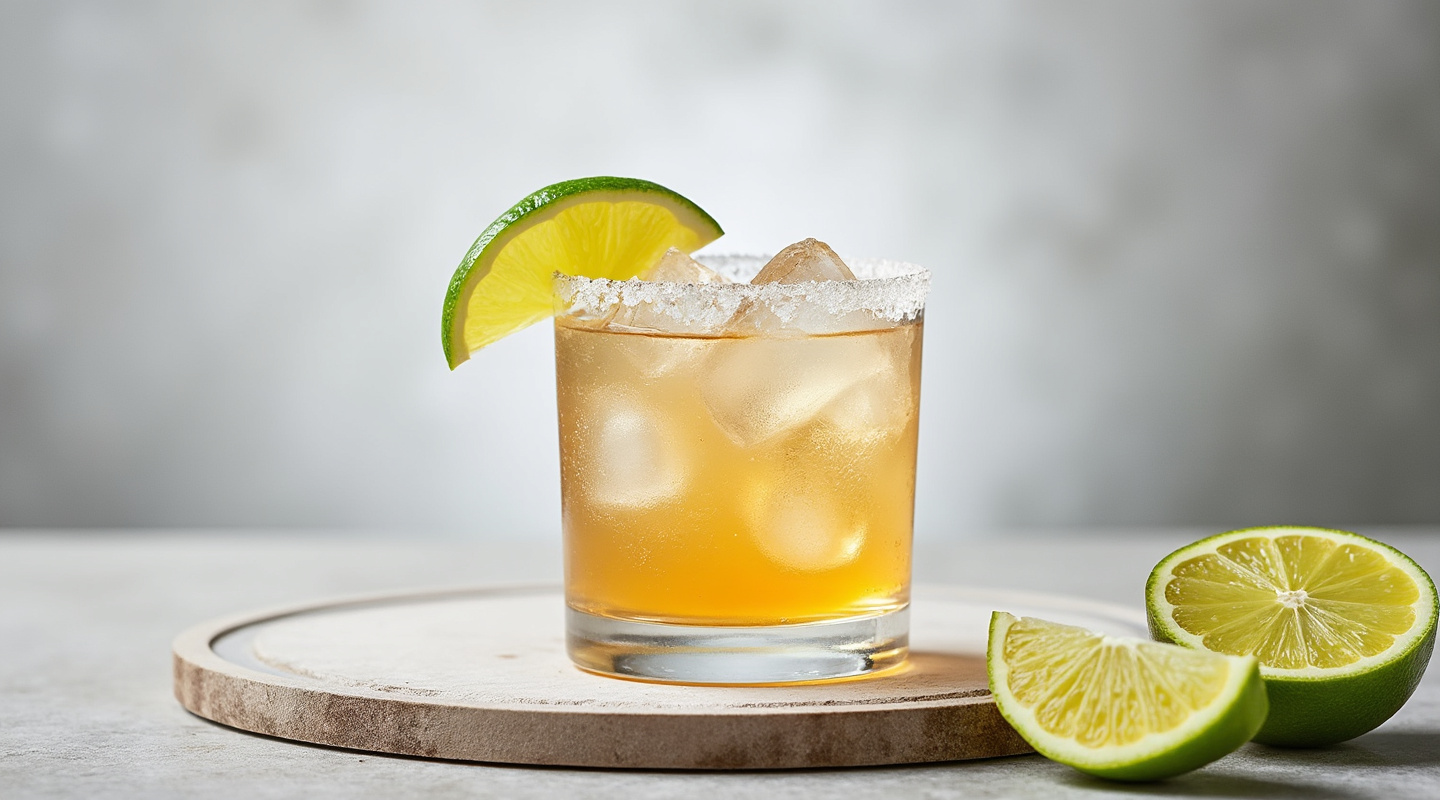 Improved Trashy Margarita in a glass with a salt rim and lime garnish