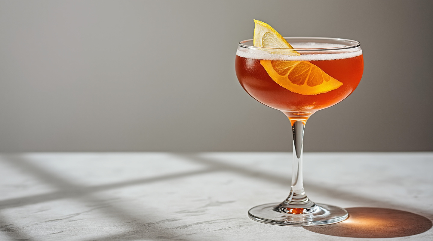 Billionaire cocktail in a Coupe glass, garnished with a dehydrated lemon slice