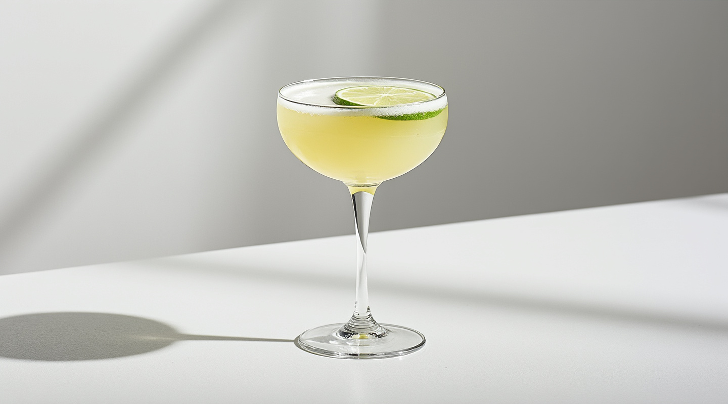 A refreshing and vibrant Ti' Time Daiquiri in a Coupe glass, garnished with lime.