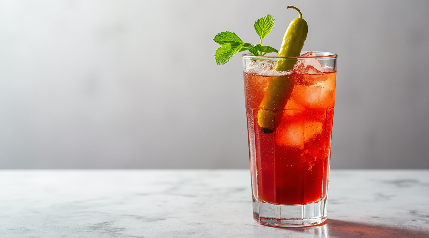 Bloody Caesar cocktail with pickled bean garnish