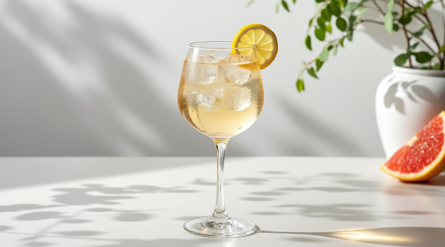 A glass of Sauvignon Blanc Punch garnished with a slice of citrus