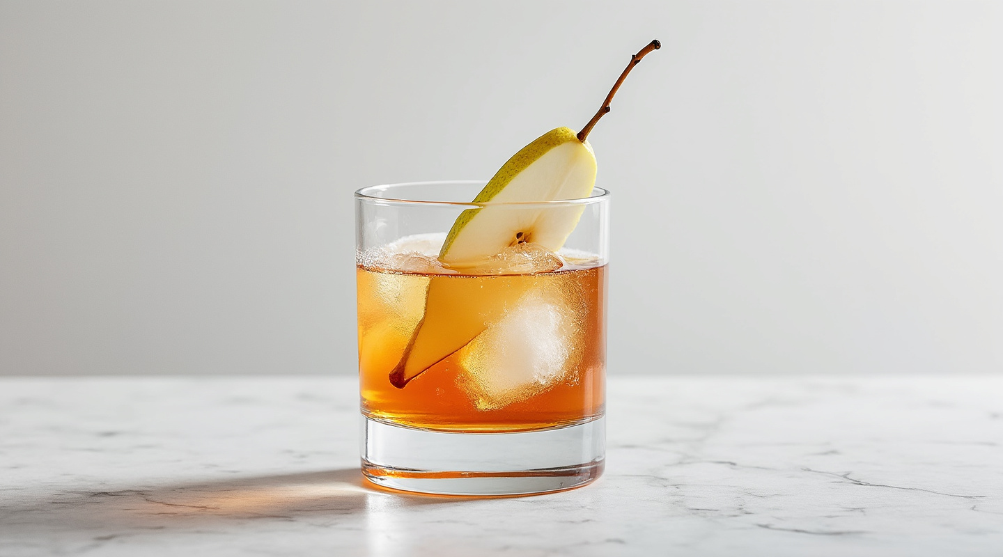 King Louis cocktail in a glass with a clear ice shard and garnish