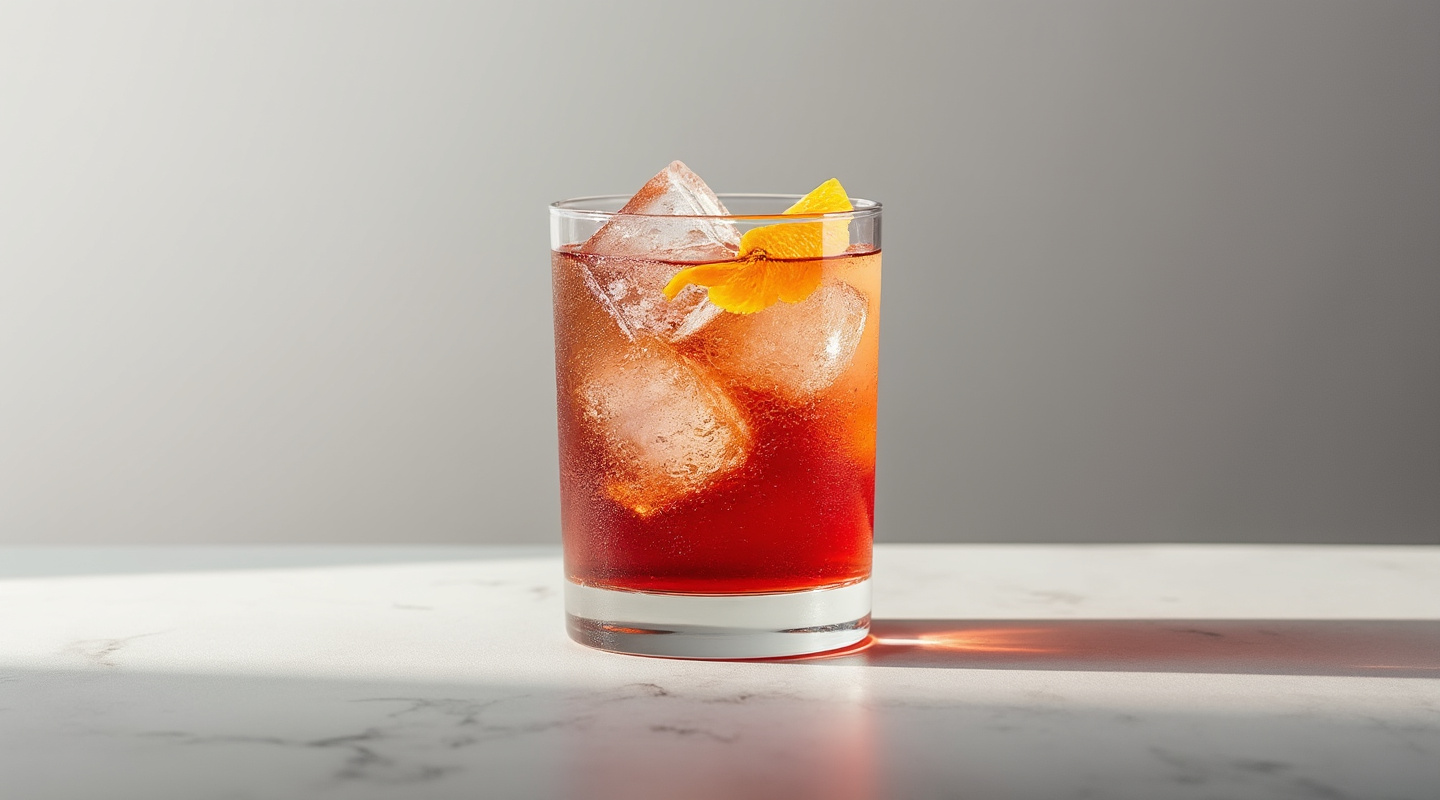 Negroni Frappé in a highball glass over crushed ice with orange zest garnish
