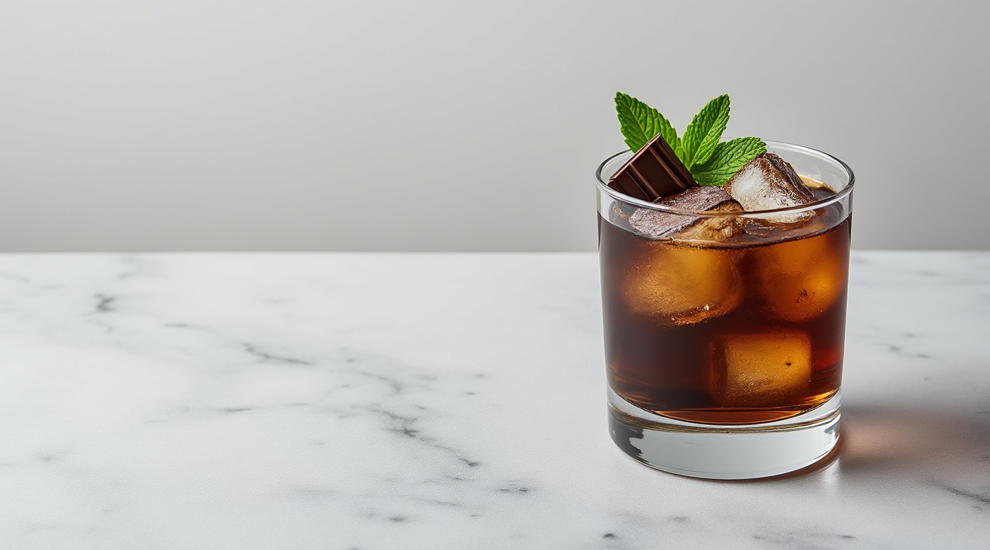 Chocolate Bourbon Stinger cocktail served over crushed ice with a garnish of chocolate and mint