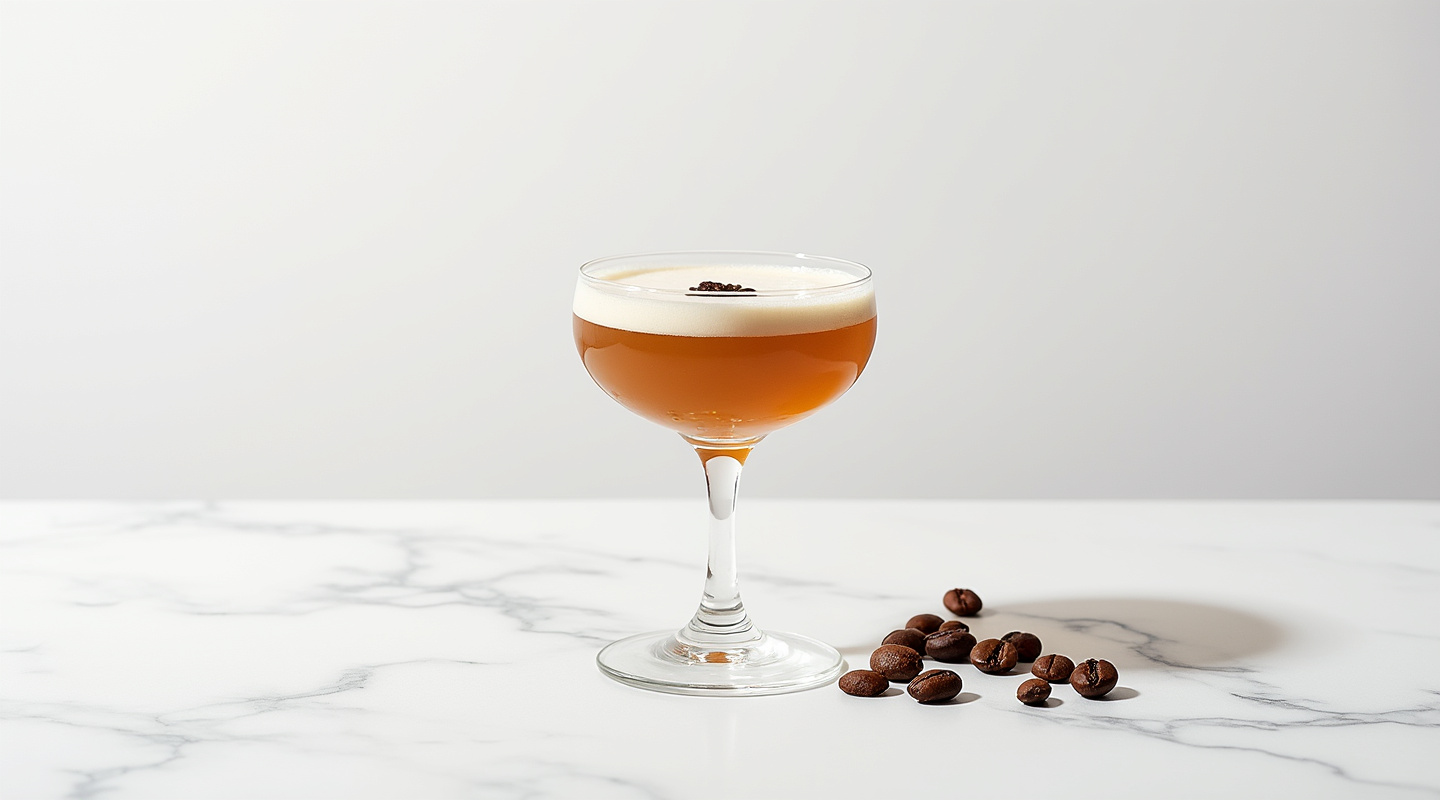 A glass of Cafe de Jerez with coffee beans garnish