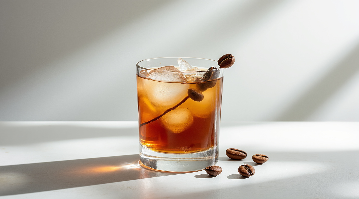 Coffee Batida in a glass garnished with coffee beans
