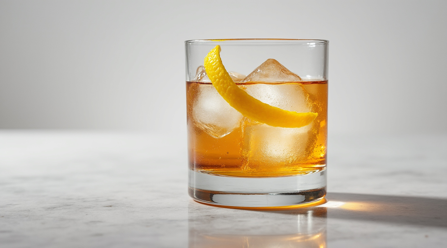 Brave Bull cocktail in an Old-fashioned glass with a lemon zest twist garnish