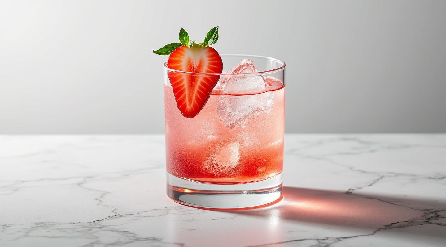 Pink Panther cocktail in a rocks glass with a strawberry fan garnish