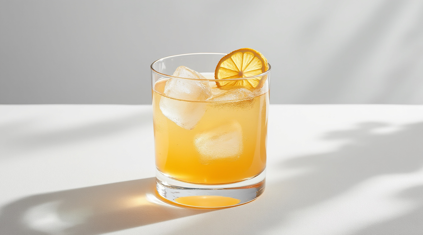 Almonds in Alameda cocktail in a glass with a dehydrated lemon slice