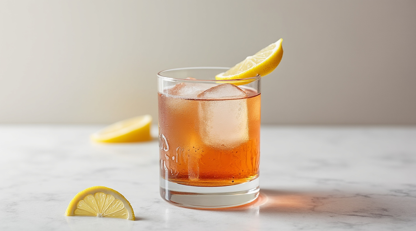 A Nick & Nora glass containing the Improved Vermouth Cocktail, garnished with a lemon zest twist.