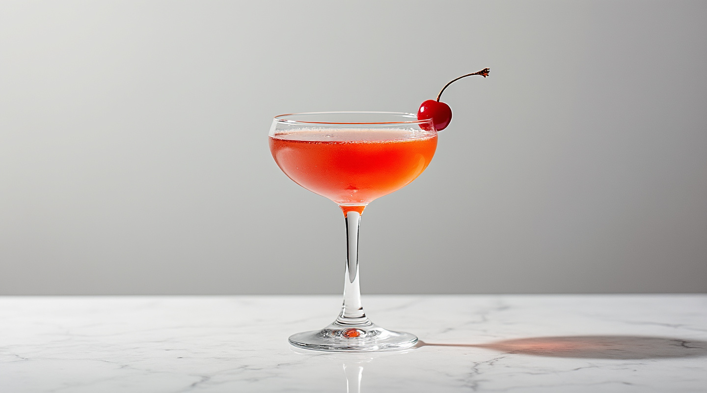 A refreshing Vodka Cocktail served in a Coupe glass, garnished with a cherry