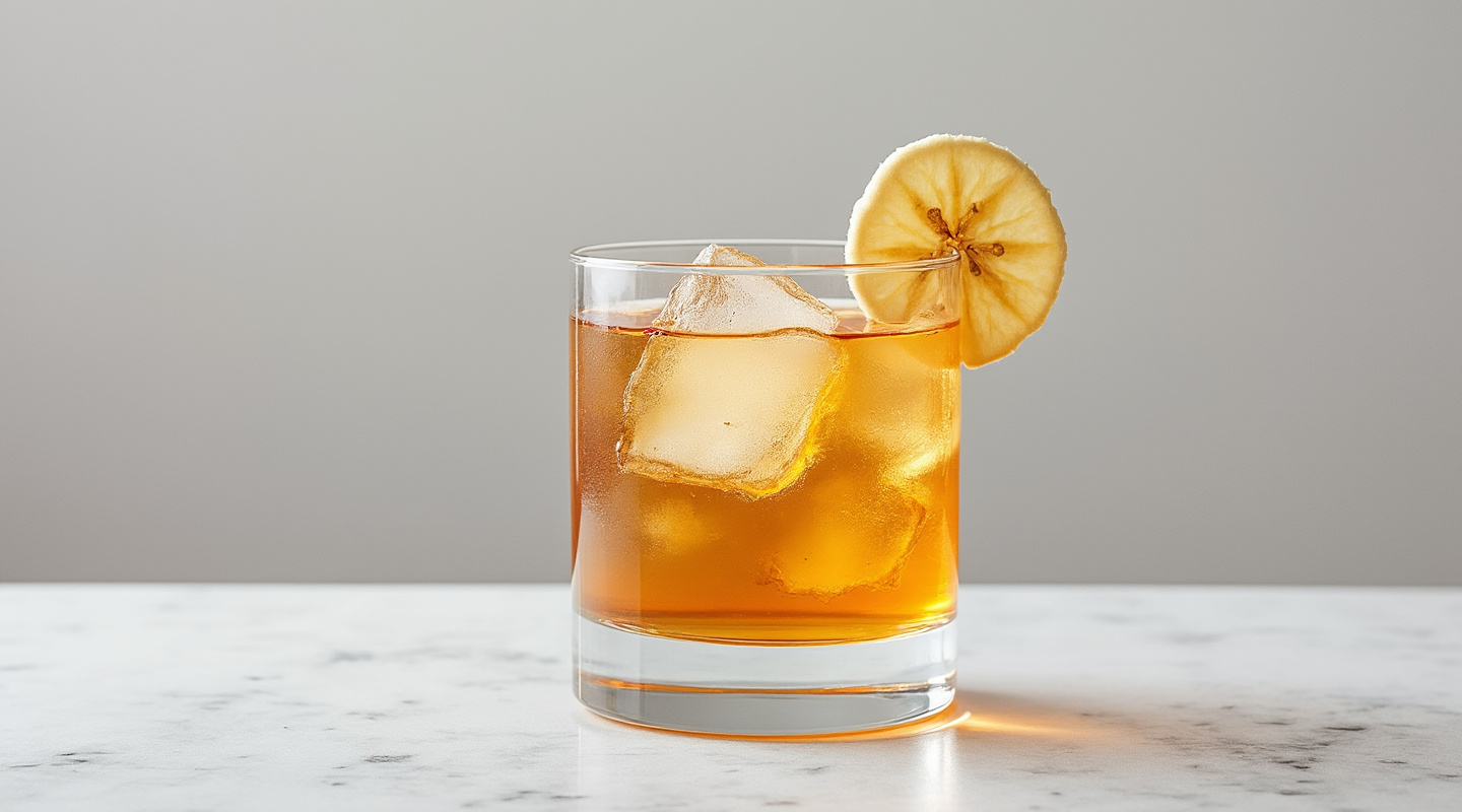 New Victoria cocktail in glass with dried banana chip