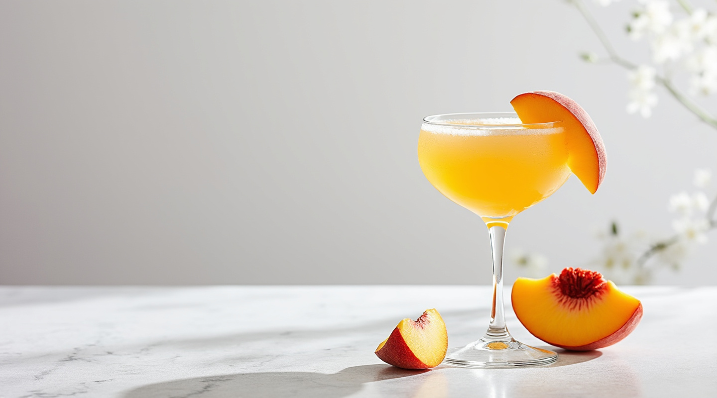 A visually appealing Practice What You Peach cocktail served in a chilled coupe glass.