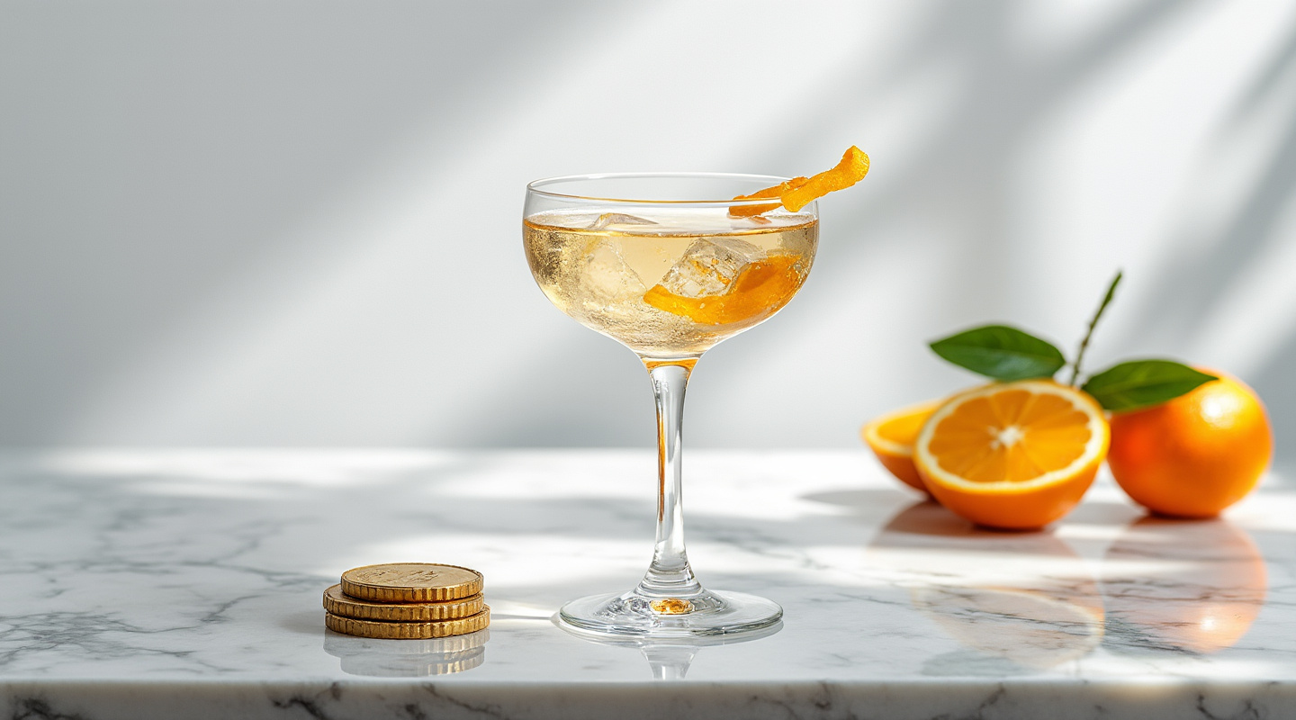 Money in the Bank cocktail in a coupe glass with orange zest twist