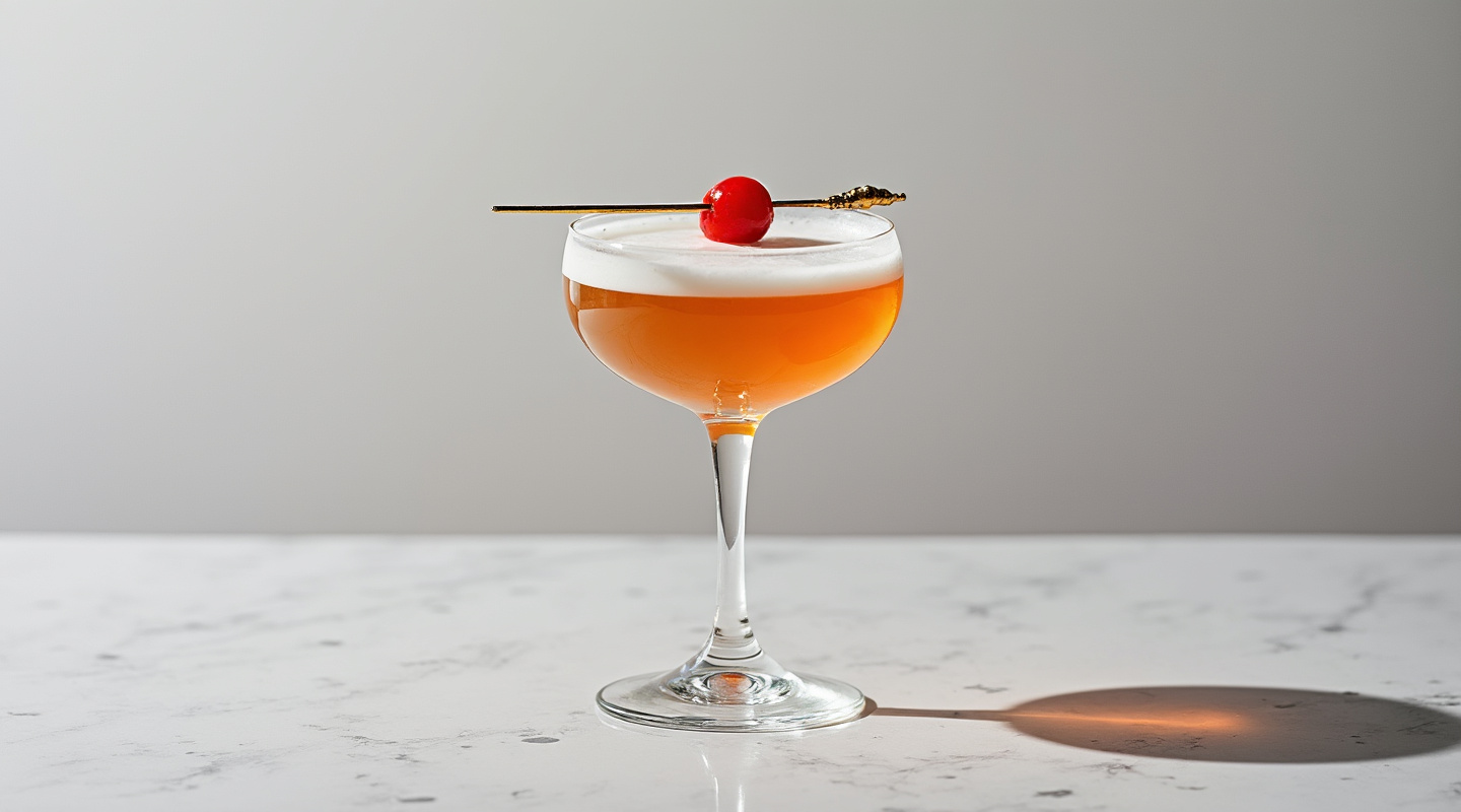 An image of Bedford & Grand cocktail garnished with skewered Maraschino cherry