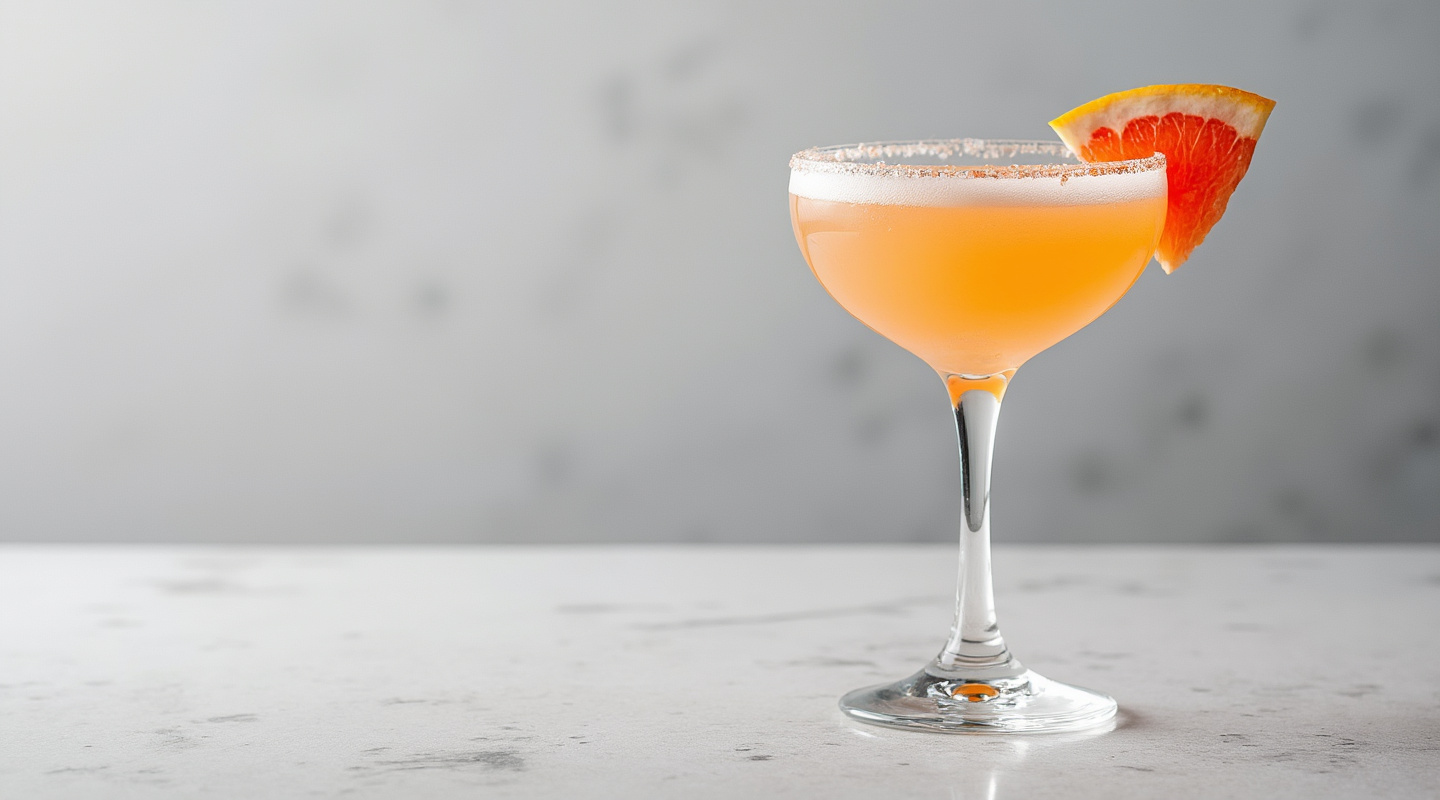 Triple Grapefruit Daiquiri cocktail in a coupe glass with grapefruit zest garnish