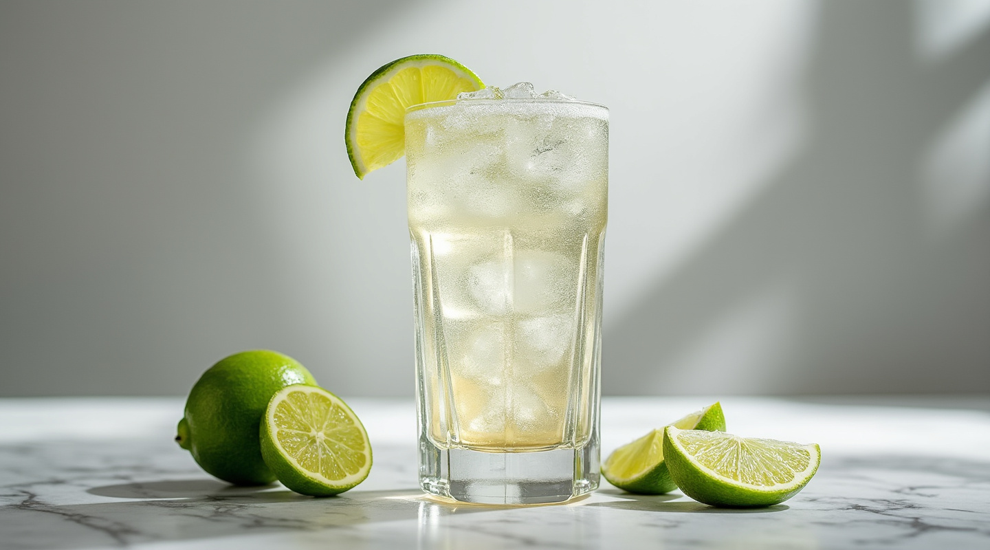 Margarita Soda served in a salted-rim highball glass with a lime wedge
