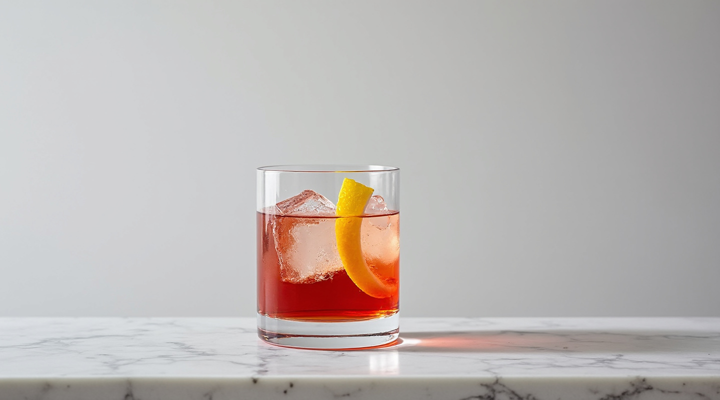 A glass of VC (Vermouth & Cassis) cocktail with lemon zest twist garnish