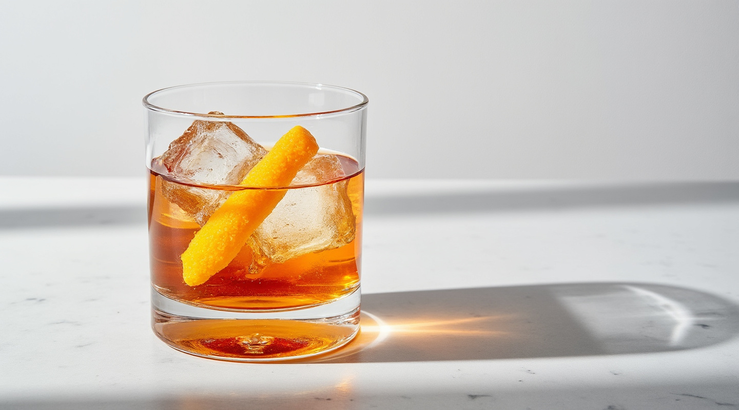 Maloney No. 2 cocktail in an Old-fashioned glass with an orange zest garnish