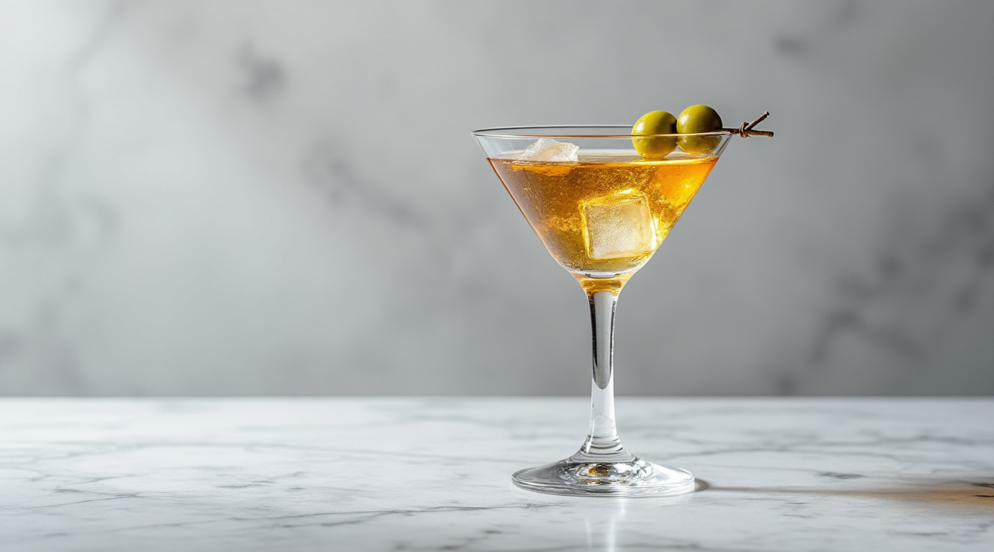 A sophisticated Semi-Dry Martini served in a pre-chilled glass, garnished with skewered green olive.