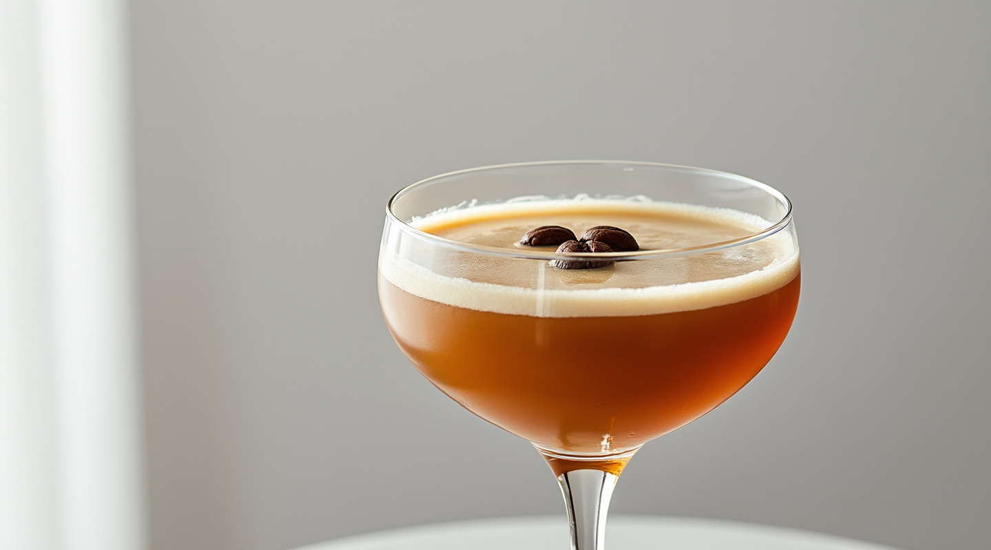 Pumpkin Spice Espresso Martini in a coupe glass garnished with coffee beans.