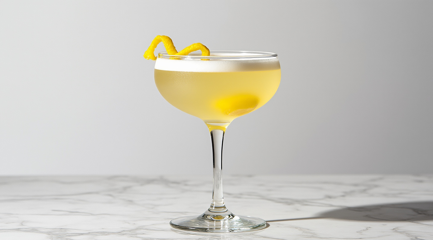 Blanche Corpse Reviver cocktail in a Coupe glass with lemon twist garnish